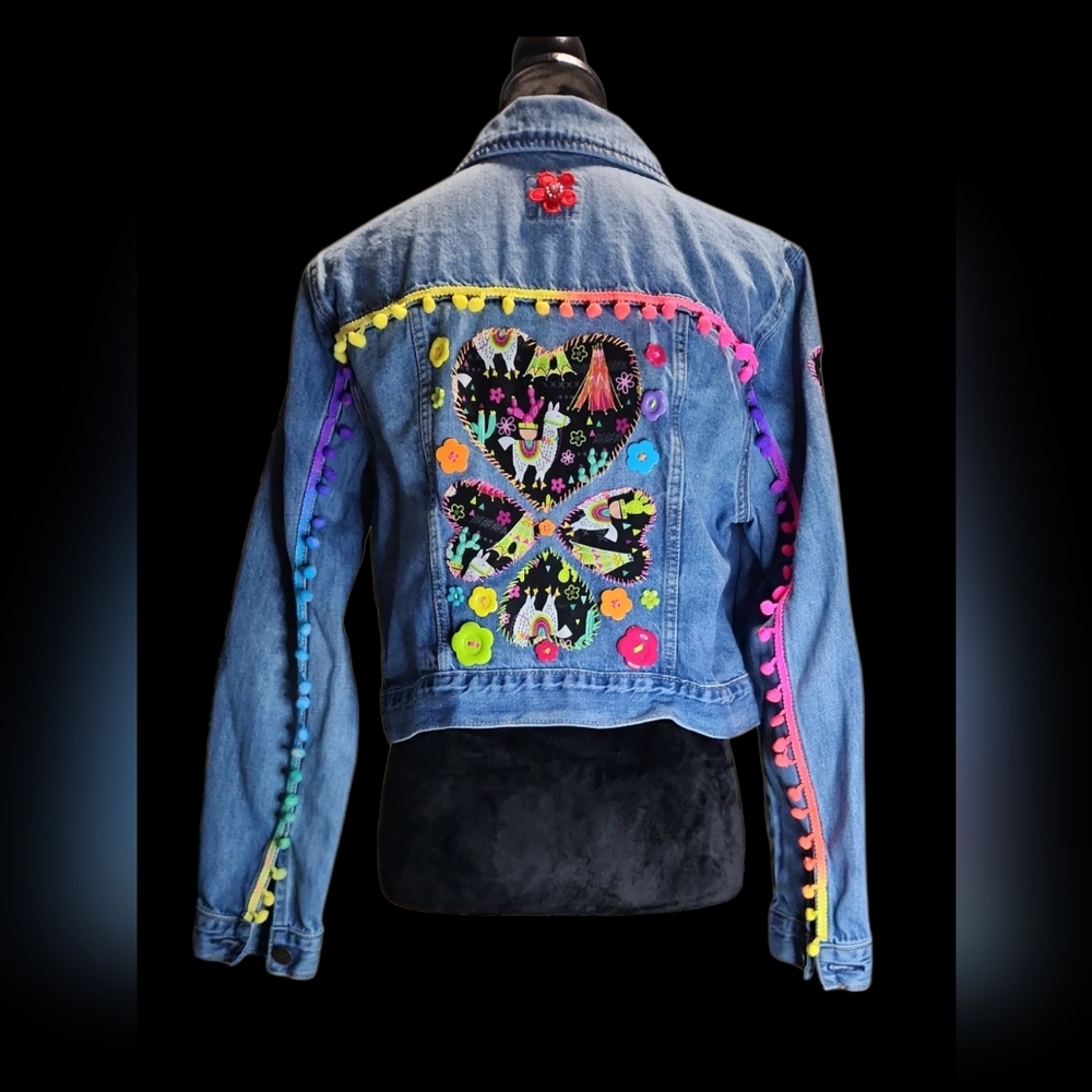 RECYCLED  Blue Jean Jacket with Artistic Graffiti Design